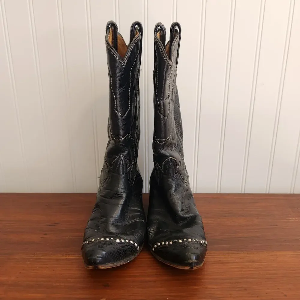 Tony Lama Women's Size 4 Cowboy Boots Vintage Style 7075 Black Leather Pre-owned